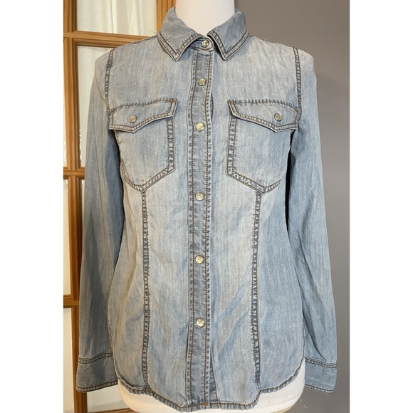 Trouve Dresses & Skirts - Trouve Women's Western Button Shirt Sz S Blue Tencel Pearl Snap Pockets Cowgirl